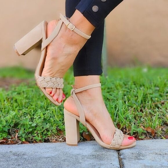 Women Braided Ankle Strap High Chunky Heel Sandals Nude Color - Picture 3 of 5